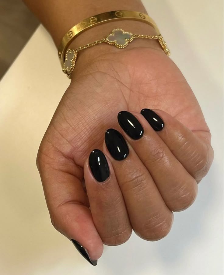 Solid Black Glossy Oval Nails — Classy Plain Nails