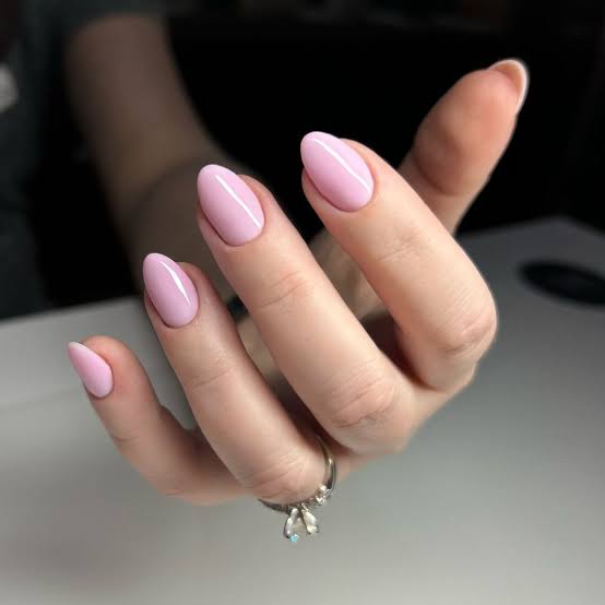 Sheer Pink Glossy Medium Oval Nails — Classy Plain Nails