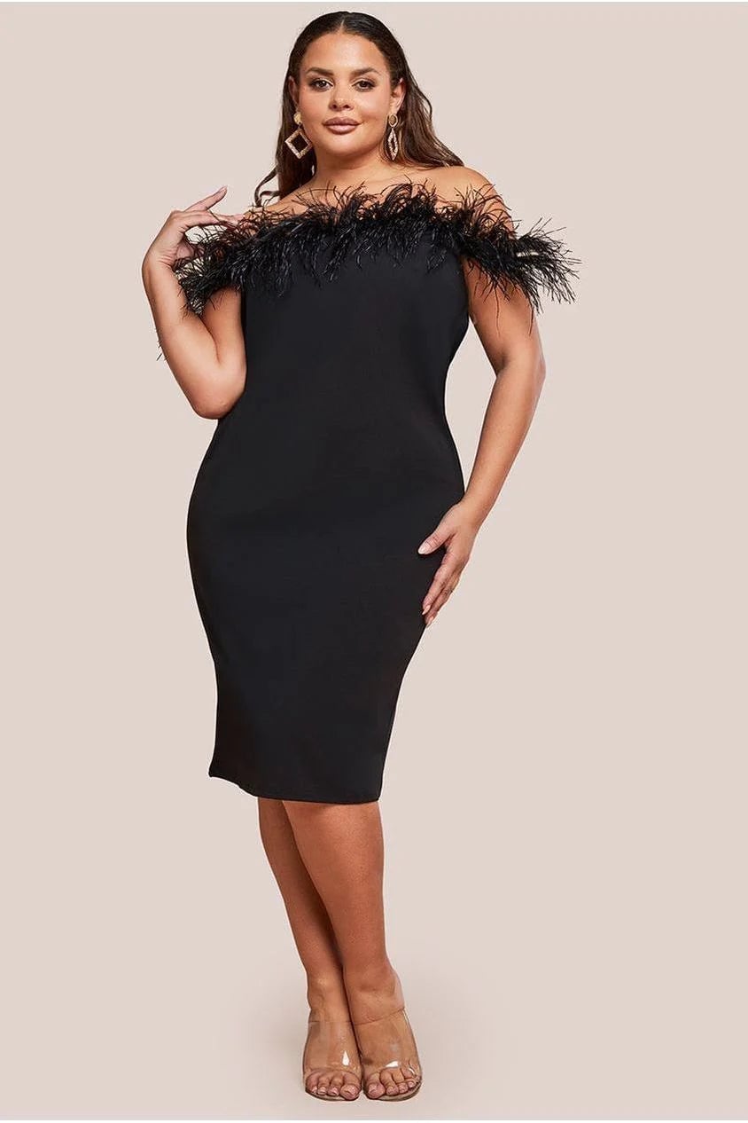 Black Off-The-Shoulder Dress with Feather Trim Black Off-The-Shoulder Dress with Feather Trim — Classy Plus Size Dresses