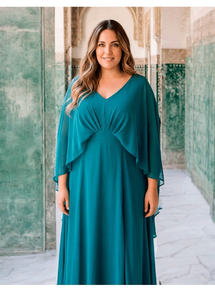 Petrol Blue Chiffon Dress with Flowing Cape Sleeves Petrol Blue Chiffon Dress with Flowing Cape Sleeves — Classy Plus Size Dresses