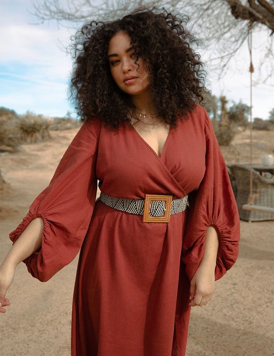 Rust Orange Midi Wrap Dress with Voluminous Balloon Sleeves Rust Orange Midi Wrap Dress with Voluminous Balloon Sleeves — Classy Plus Size Dresses