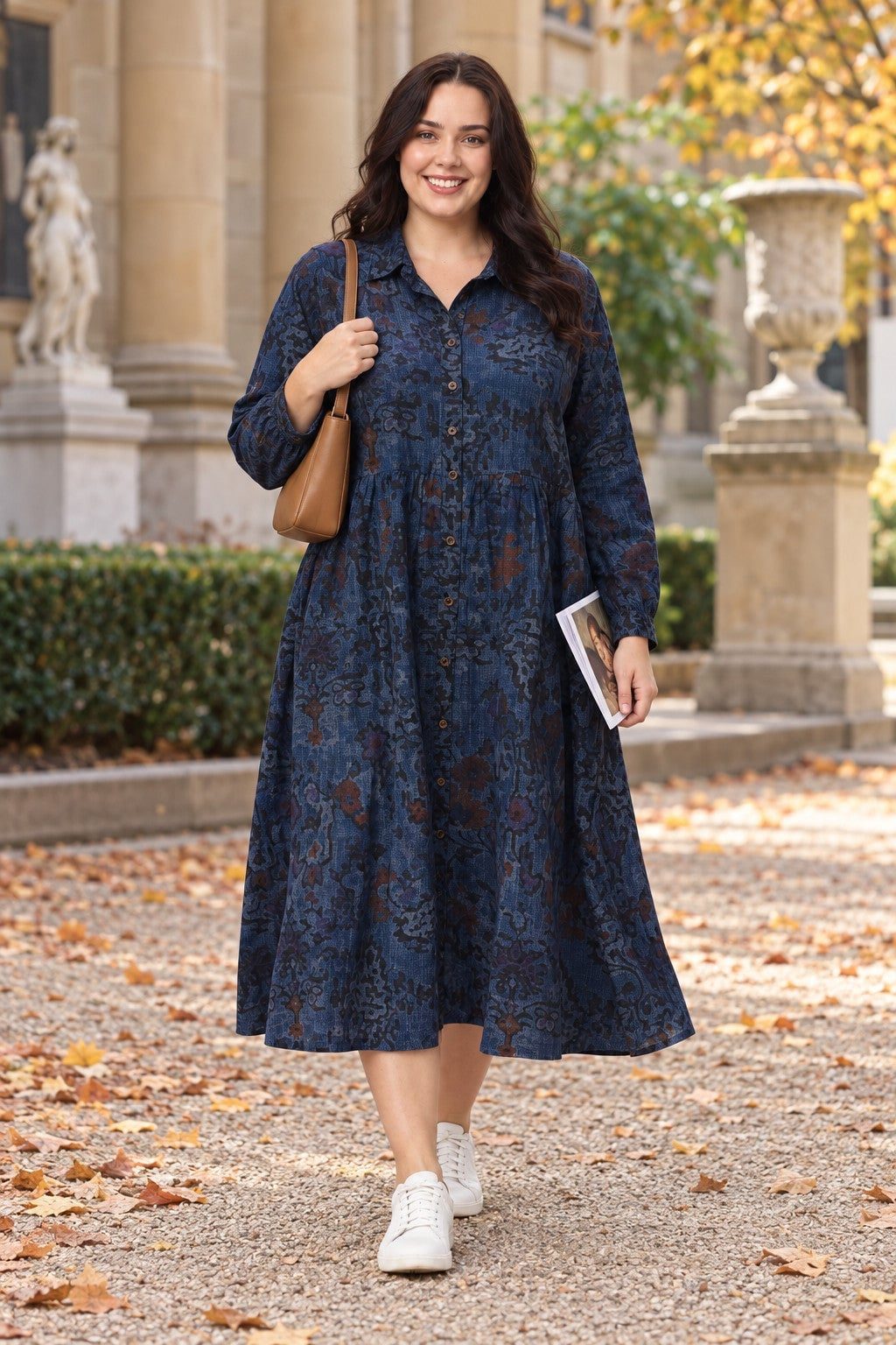 Blue Long-Sleeve Collared Midi Dress with All-Over Print Blue Long-Sleeve Collared Midi Dress with All-Over Print — Classy Plus Size Dresses