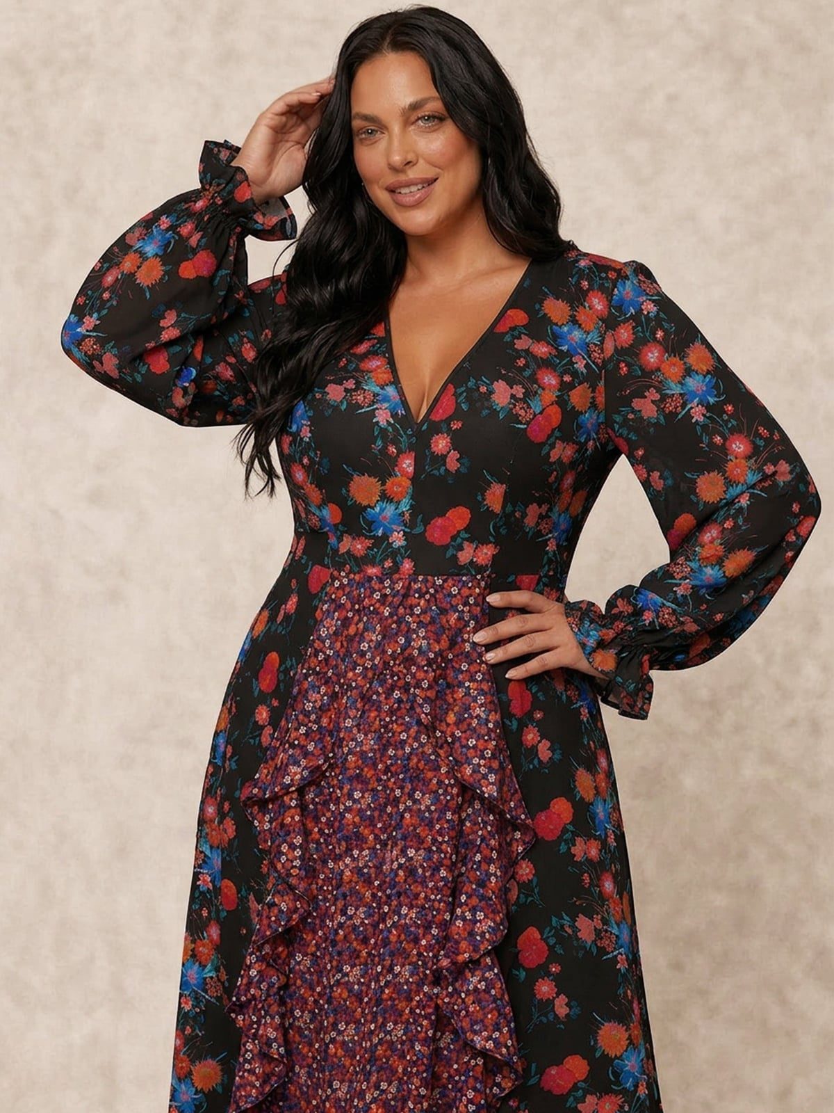 Black Floral Print Midi Dress with Ruffled Details Black Floral Print Midi Dress with Ruffled Details — Classy Plus Size Dresses