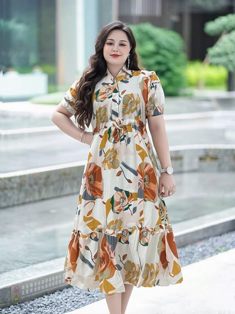 Abstract Floral Print Midi Dress with Fit and Flare Silhouette Abstract Floral Print Midi Dress with Fit and Flare Silhouette — Classy Plus Size Dresses