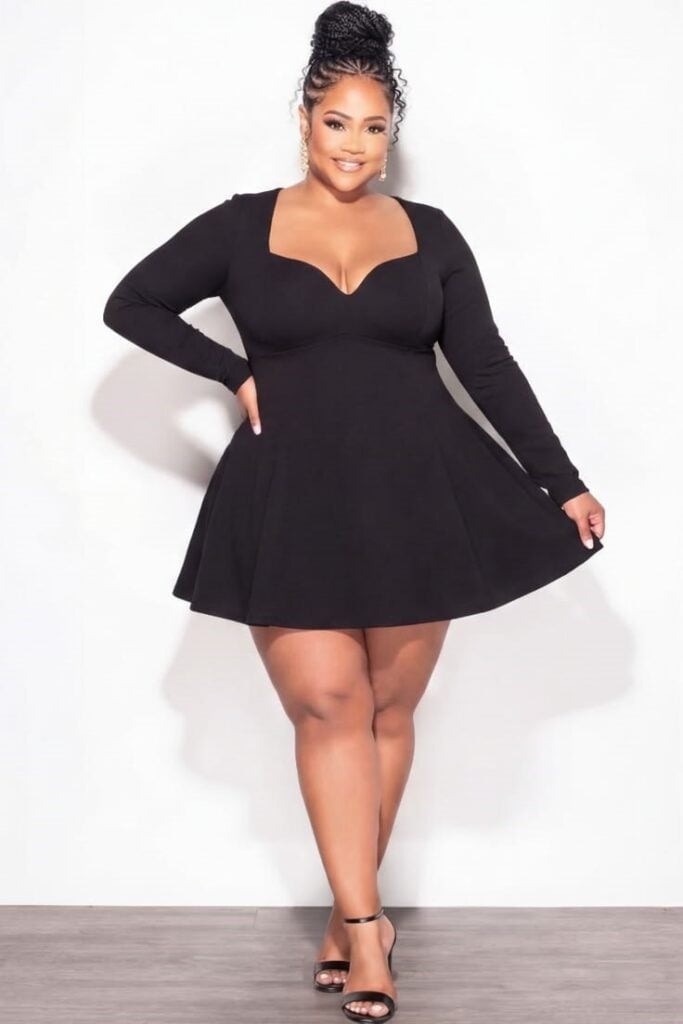 Black Long-Sleeved Skater Dress with Sweetheart Neckline Black Long-Sleeved Skater Dress with Sweetheart Neckline — Classy Plus Size Dresses