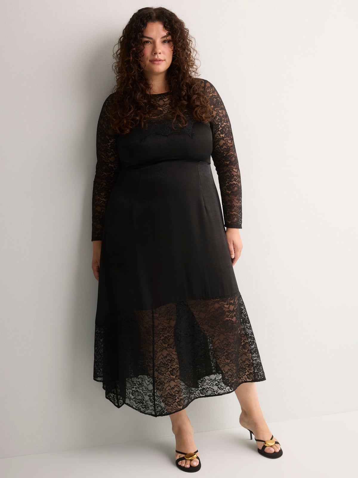 Black Midi Dress with Lace Detailing on Sleeves and Hem Black Midi Dress with Lace Detailing on Sleeves and Hem — Classy Plus Size Dresses