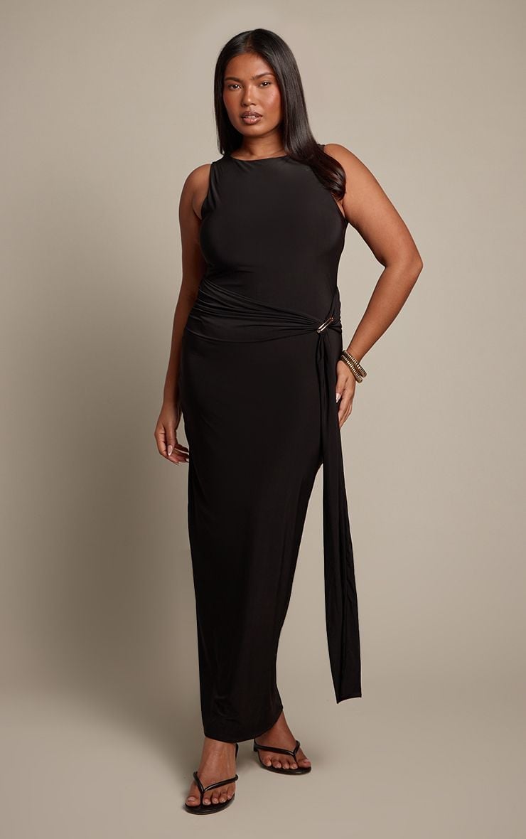 Black Sleeveless Maxi Dress with Ruched Waist and Buckle Detail Black Sleeveless Maxi Dress with Ruched Waist and Buckle Detail — Classy Plus Size Dresses