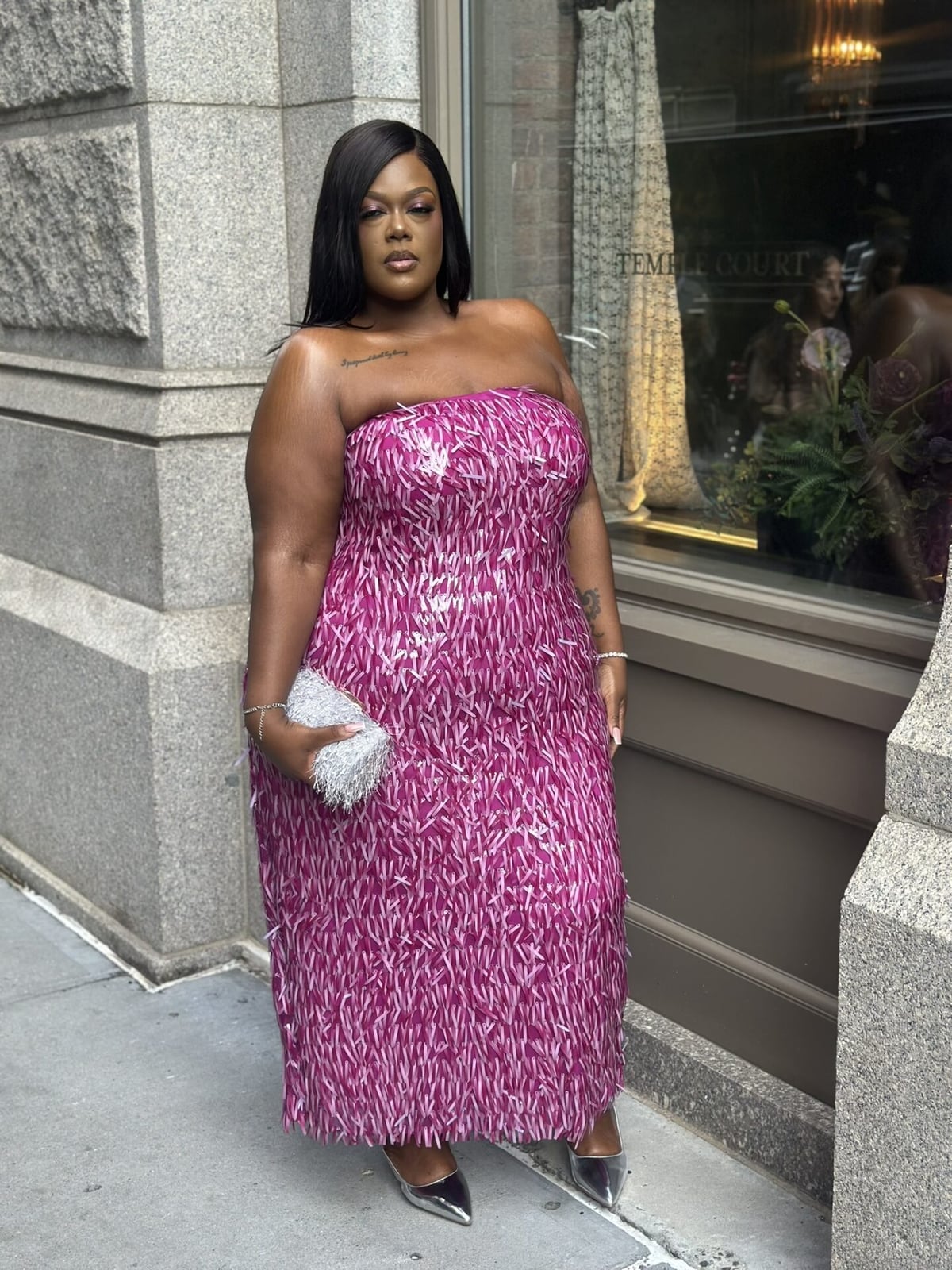Pink and White Sequined Strapless Column Dress Pink and White Sequined Strapless Column Dress — Classy Plus Size Dresses