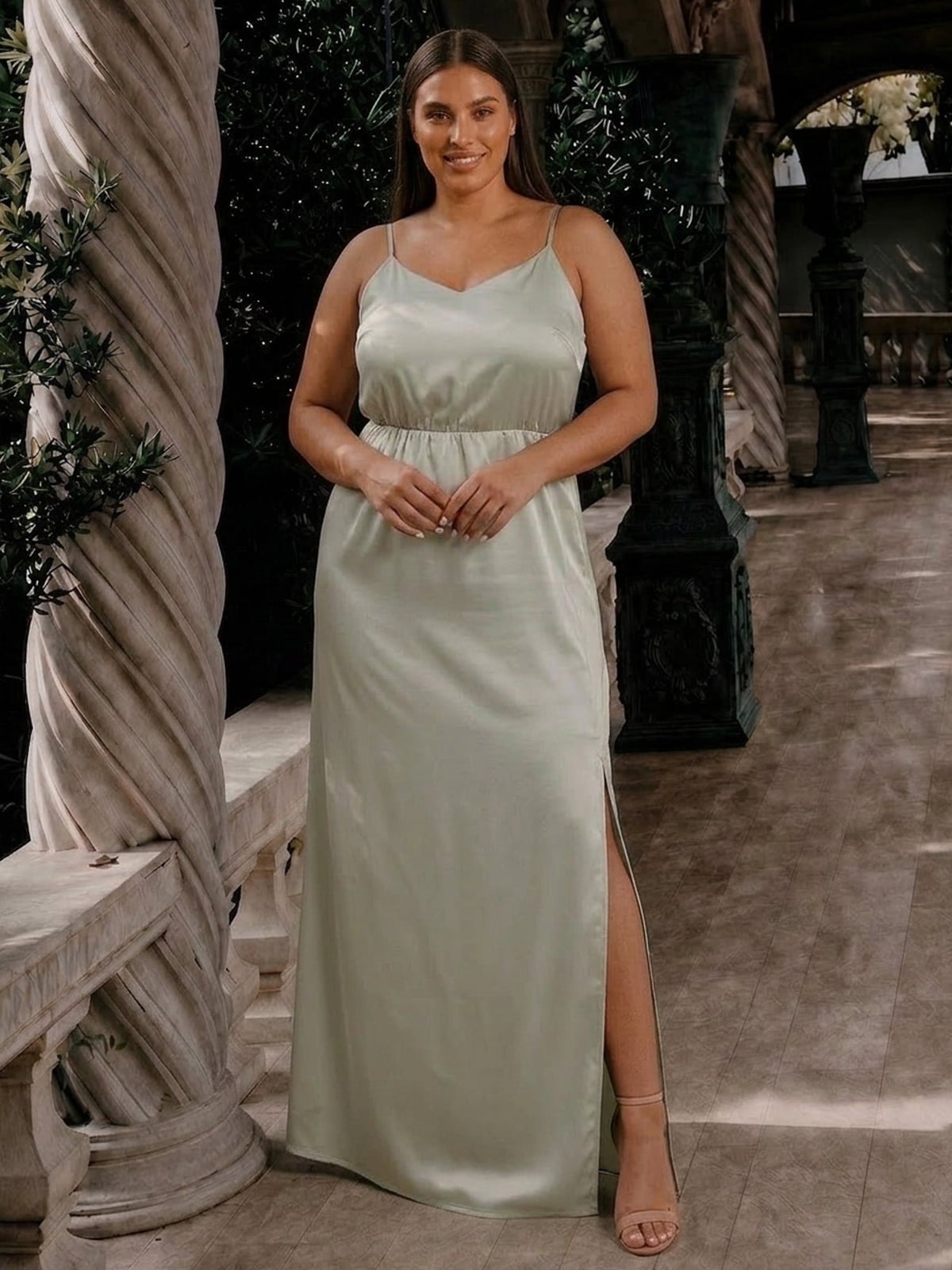 Sage Green Satin Maxi Slip Dress with High Slit Sage Green Satin Maxi Slip Dress with High Slit — Classy Plus Size Dresses