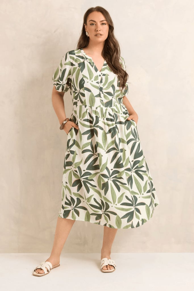 White and Green Leaf Print Midi Dress with Pockets White and Green Leaf Print Midi Dress with Pockets — Classy Plus Size Dresses