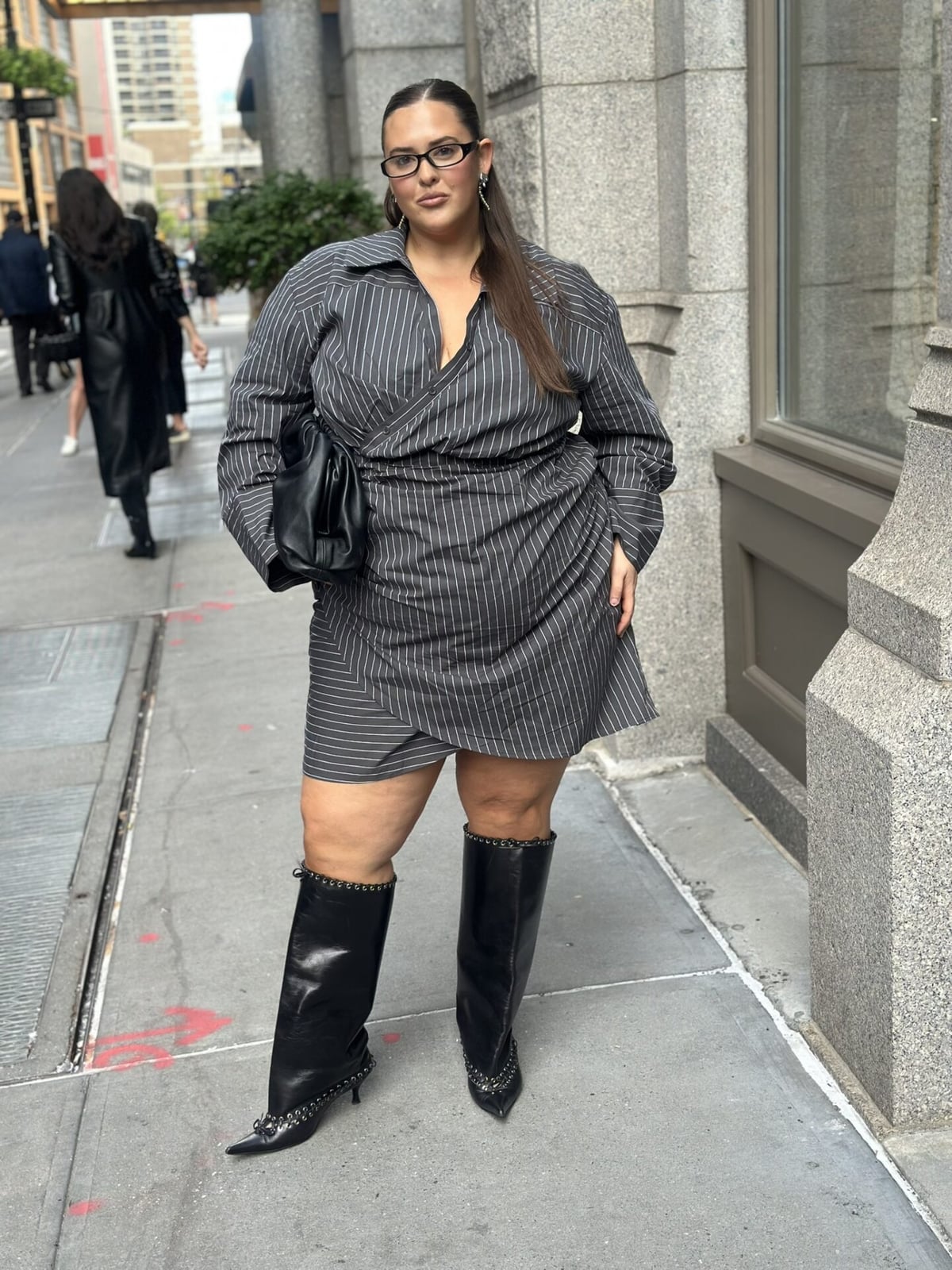 Grey and White Pinstripe Wrap Dress with Mini Skirt Grey and White Pinstripe Wrap Dress with Mini Skirt — Classy Plus Size Dresses