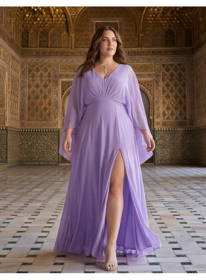 Lilac Chiffon Maxi Dress with Plunging Neckline and Cape Sleeves Lilac Chiffon Maxi Dress with Plunging Neckline and Cape Sleeves — Classy Plus Size Dresses