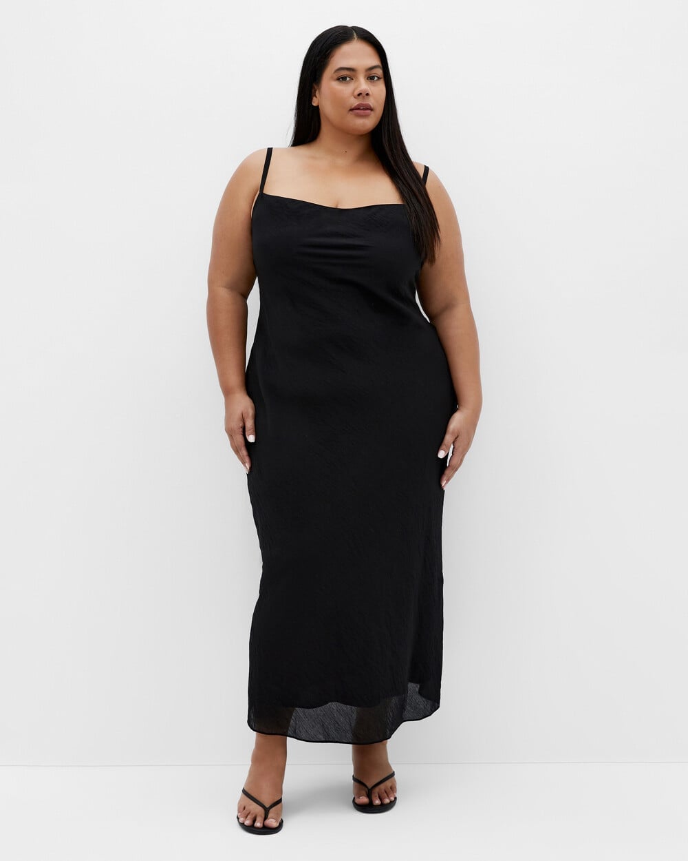 Black Textured Slip Dress with Straight Maxi Silhouette Black Textured Slip Dress with Straight Maxi Silhouette — Classy Plus Size Dresses