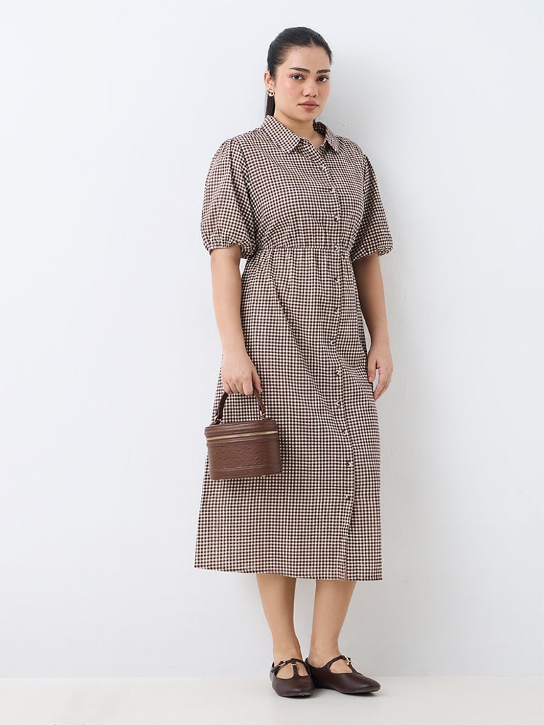 Brown and White Gingham Check Midi Shirt Dress Brown and White Gingham Check Midi Shirt Dress — Classy Plus Size Dresses