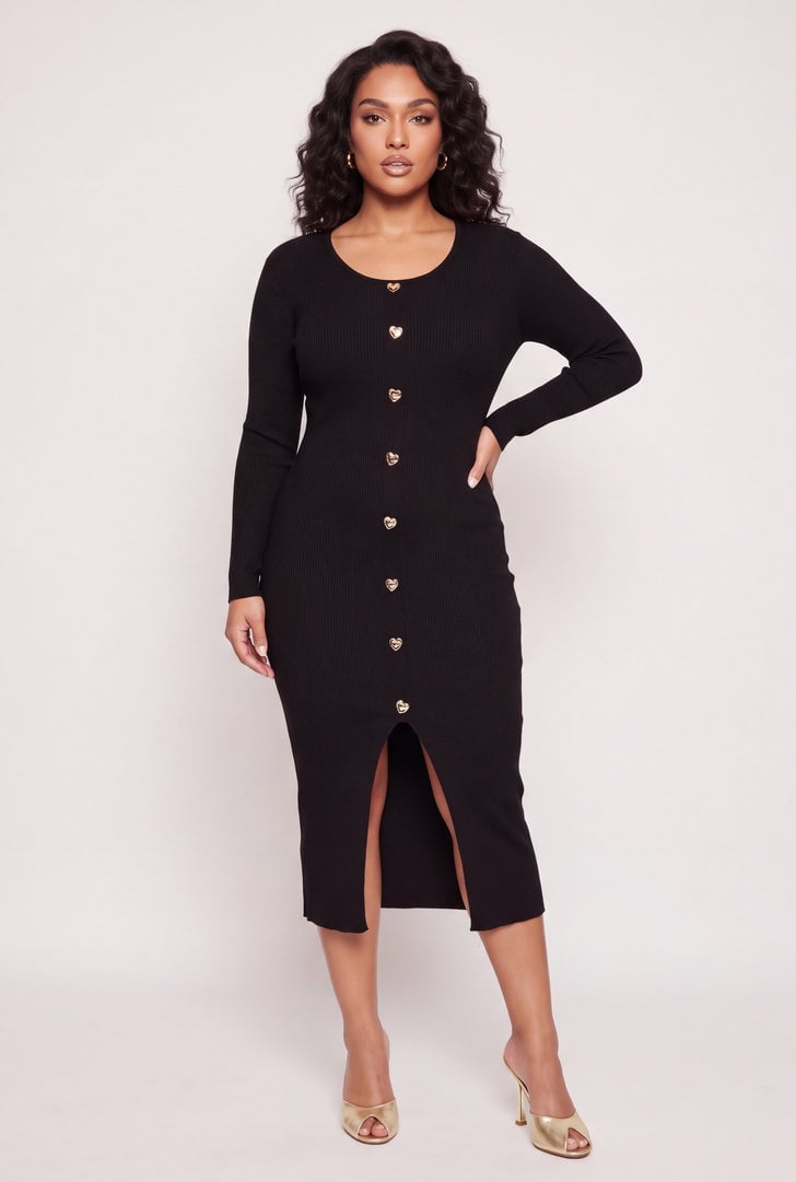 Black Ribbed Knit Bodycon Midi Dress with Gold Heart Buttons Black Ribbed Knit Bodycon Midi Dress with Gold Heart Buttons — Classy Plus Size Dresses
