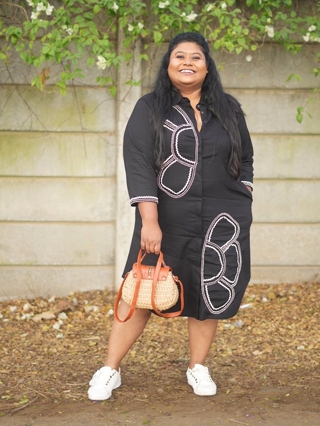 Black Cotton Shirt Dress with White Embroidery Black Cotton Shirt Dress with White Embroidery — Classy Plus Size Dresses