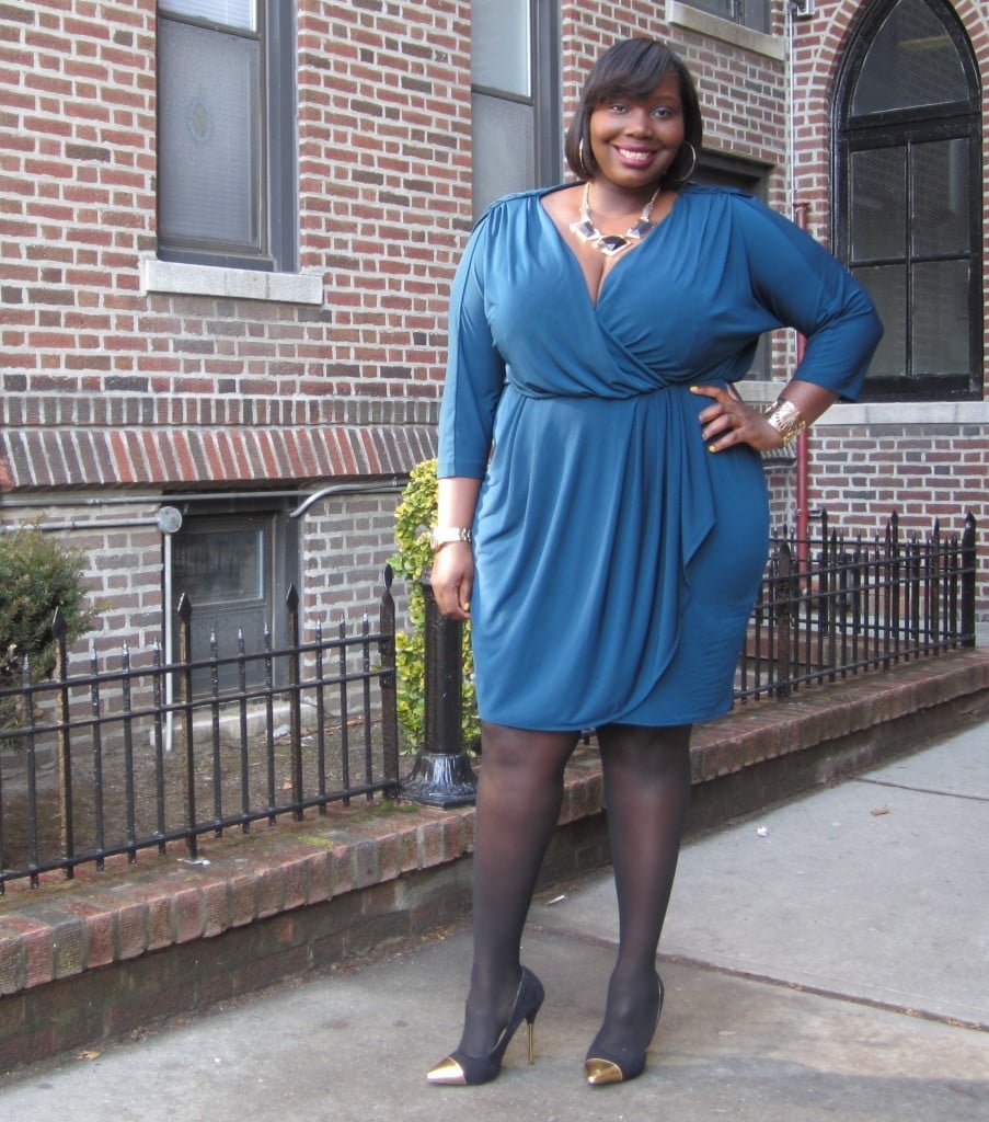 Teal Blue Knee-Length Wrap Dress with Draped Neckline Teal Blue Knee-Length Wrap Dress with Draped Neckline — Classy Plus Size Dresses