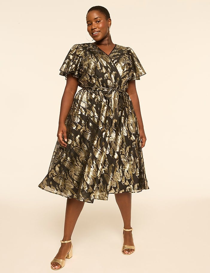 Black and Gold Metallic Floral Print Wrap Dress Black and Gold Metallic Floral Print Wrap Dress — Classy Plus Size Dresses