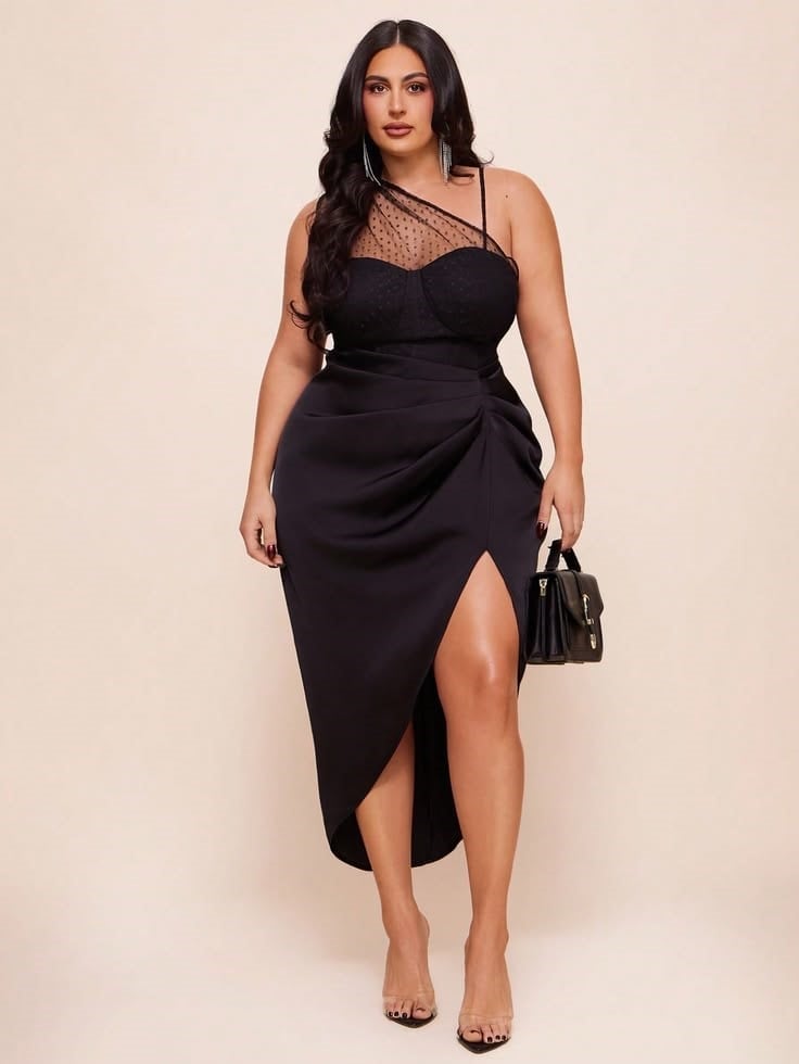 Black One-Shoulder Mini Dress with Sheer Polka Dot Overlay Black One-Shoulder Mini Dress with Sheer Polka Dot Overlay — Classy Plus Size Dresses