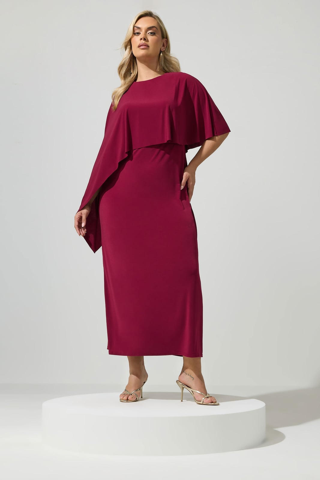 Burgundy Midi Dress with Attached Cape Overlay Burgundy Midi Dress with Attached Cape Overlay — Classy Plus Size Dresses