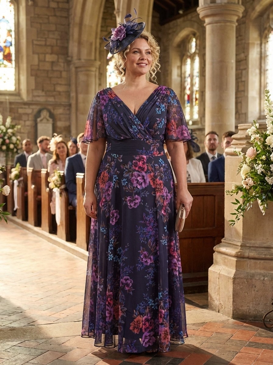 Navy Chiffon Maxi Dress with Floral Print and Sheer Flutter Sleeves Navy Chiffon Maxi Dress with Floral Print and Sheer Flutter Sleeves — Classy Plus Size Dresses