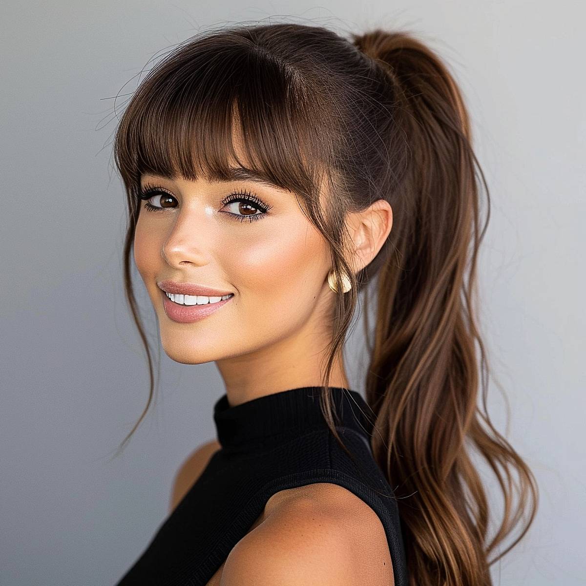High Ponytail With Blunt Bangs Mid-Back Length High Ponytail With Blunt Bangs Mid-Back Length — Classy Ponytail with Bangs