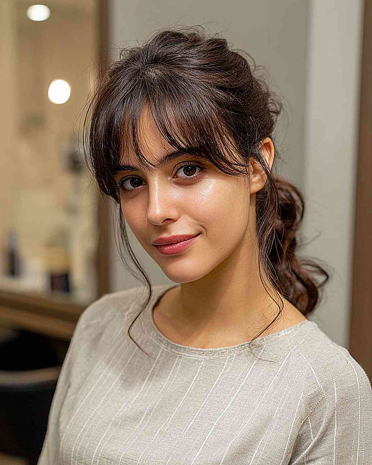 Medium Brown Ponytail Wavy Wispy Bangs Medium Brown Ponytail Wavy Wispy Bangs — Classy Ponytail with Bangs