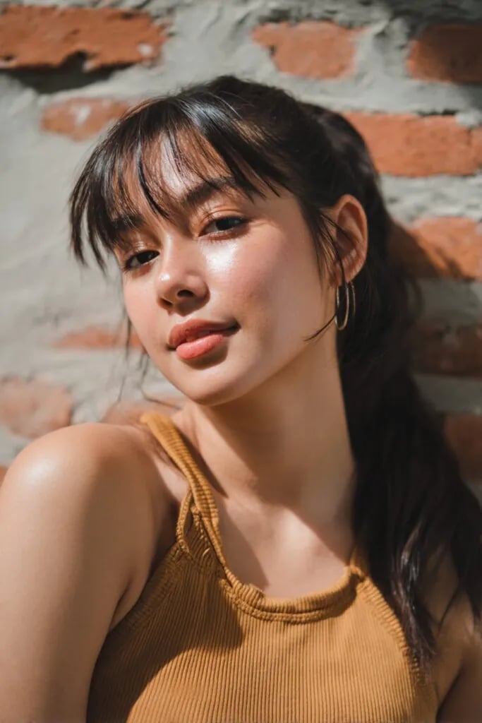 Dark Brown Ponytail Soft Wispy Bangs With Parted In The Middle Dark Brown Ponytail Soft Wispy Bangs With Parted In The Middle — Classy Ponytail with Bangs