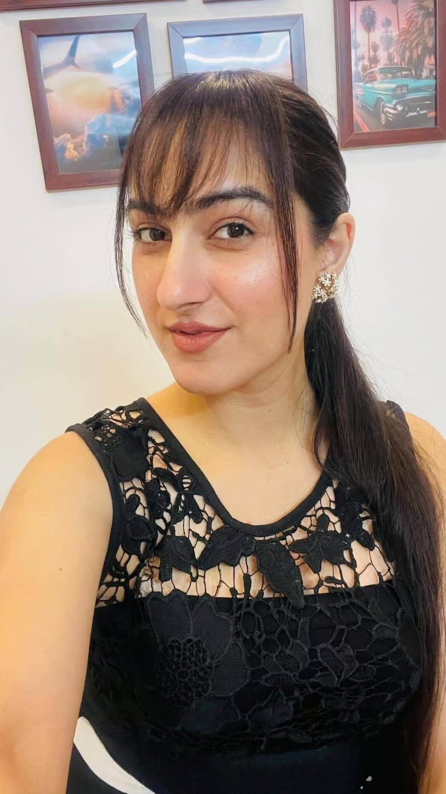 Dark Brown Ponytail Shoulder Length Straight, Close-Up Take Dark Brown Ponytail Shoulder Length Straight, Close-Up Take — Classy Ponytail with Bangs