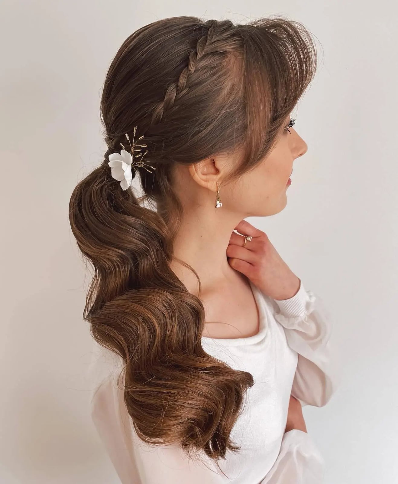 Dark Brown Low Ponytail Braided Accent Dark Brown Low Ponytail Braided Accent — Classy Ponytail with Bangs