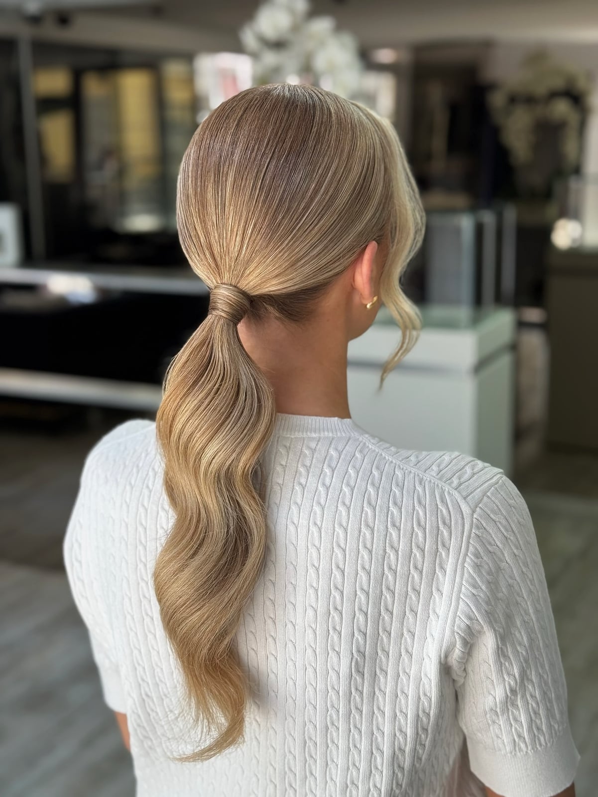 Ash Blonde High Ponytail Sleek No Bangs Ash Blonde High Ponytail Sleek No Bangs — Classy Ponytail with Bangs