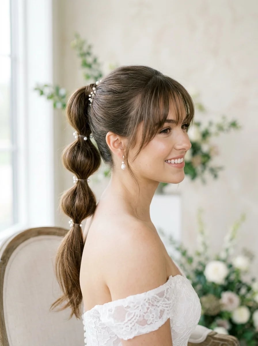Light Brown Bubble Ponytail Blunt Fringe Light Brown Bubble Ponytail Blunt Fringe — Classy Ponytail with Bangs