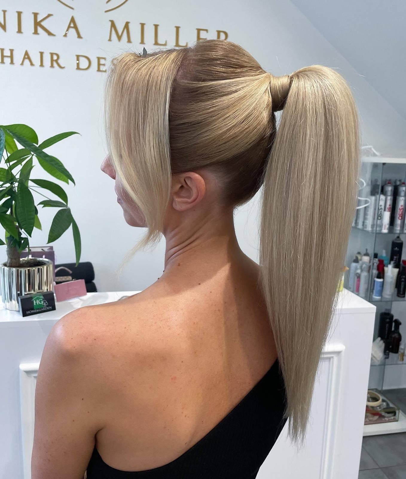 Ash Blonde High Ponytail Smooth Blowout Ash Blonde High Ponytail Smooth Blowout — Classy Ponytail with Bangs