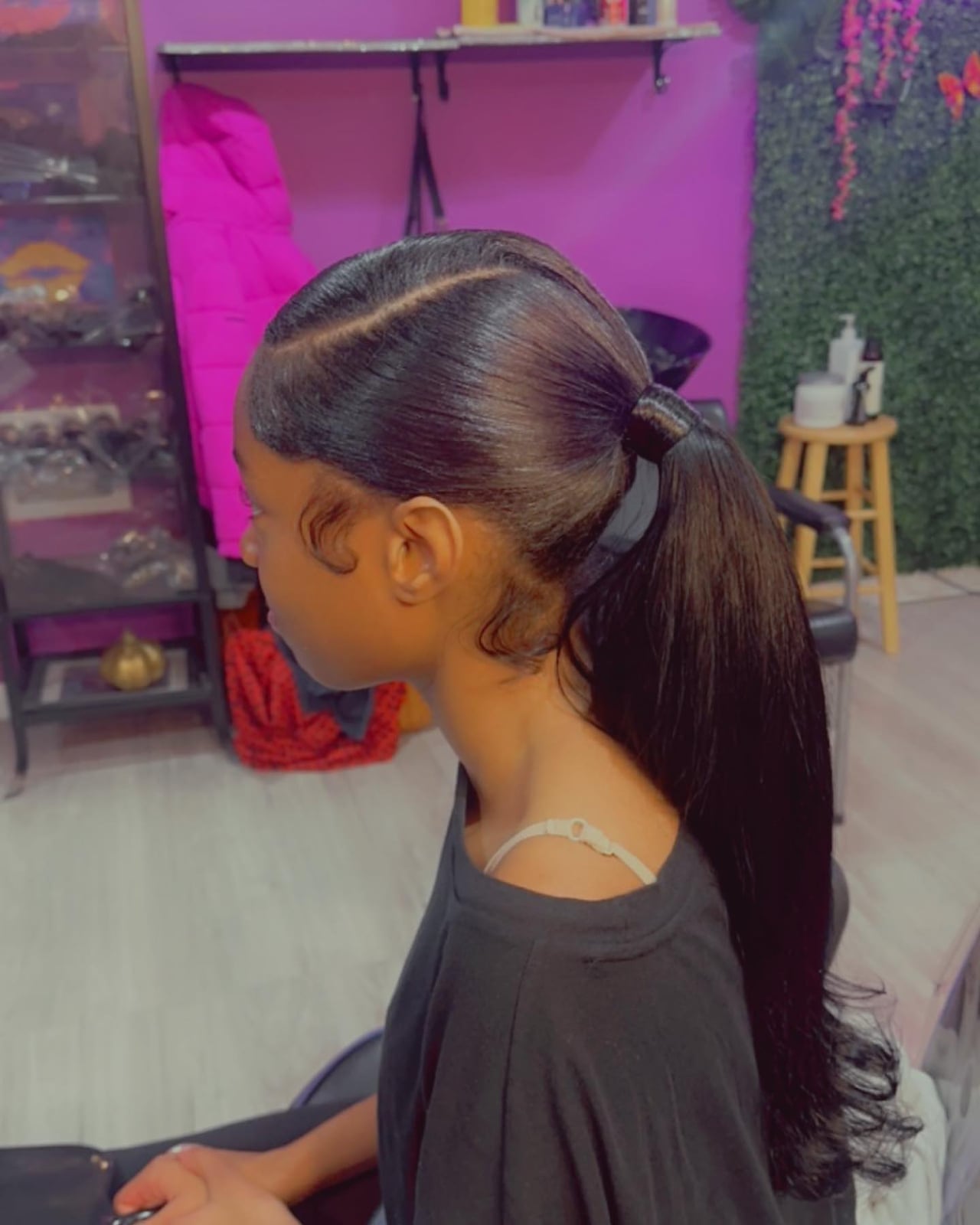 Wet-Look Black Ponytail With Swooped Baby Hairs, Mid-Back — Classy Ponytail with Swoop