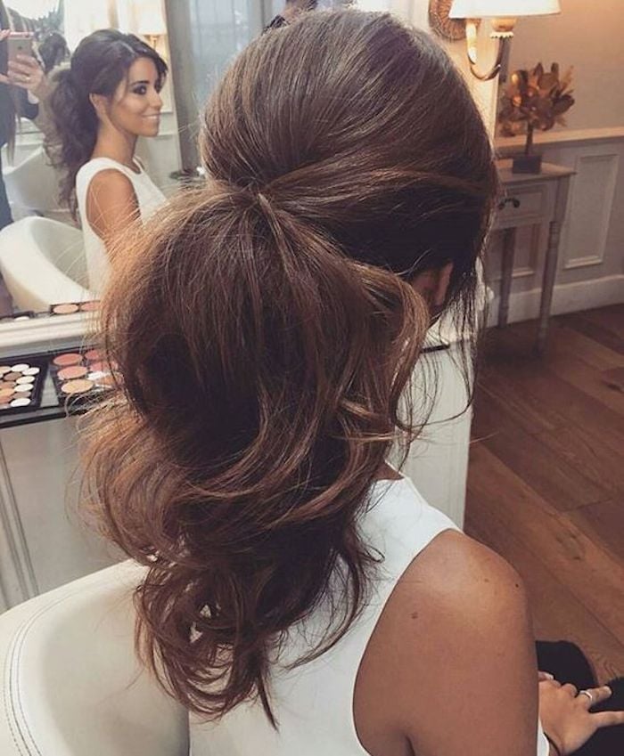 Voluminous Dark Brown Ponytail With Soft Waves, Mid-Back — Classy Ponytail with Swoop