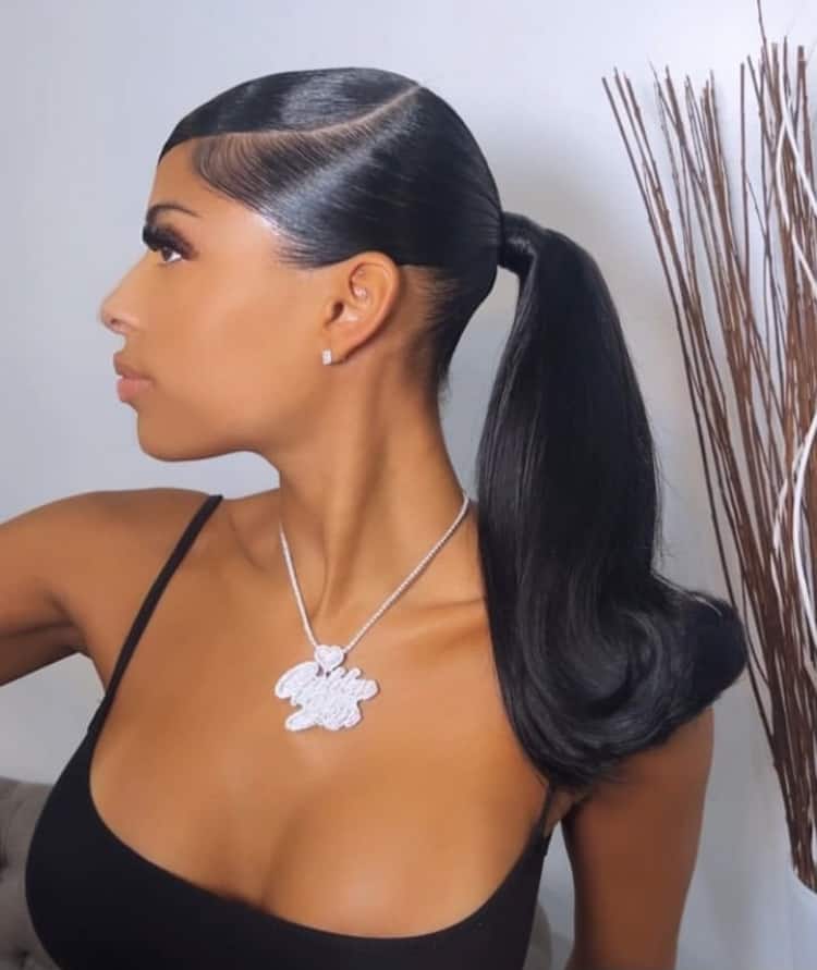 Polished Black Ponytail With Deep Side Part — Classy Ponytail with Swoop