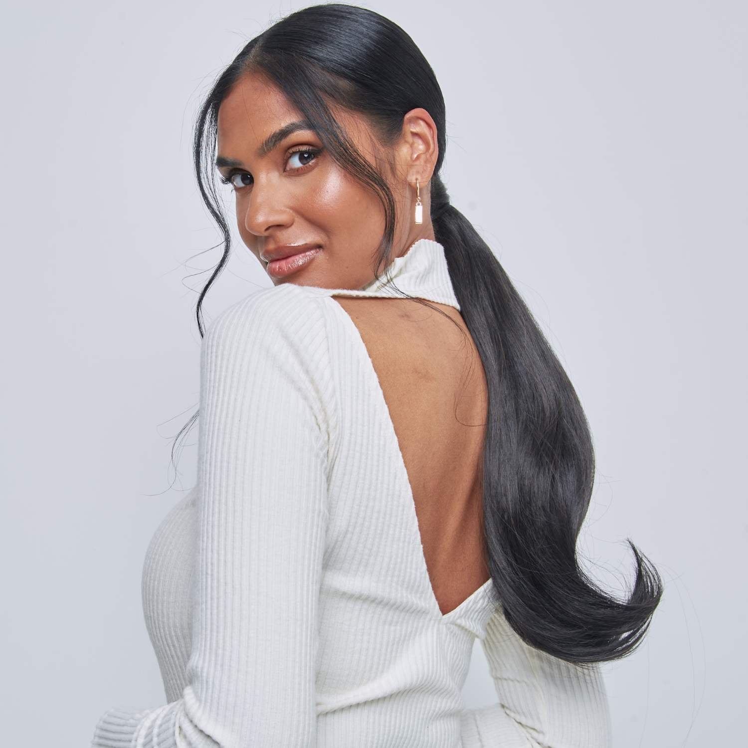 Mid-Back Dark Brown Ponytail With Face-Framing — Classy Ponytail with Swoop