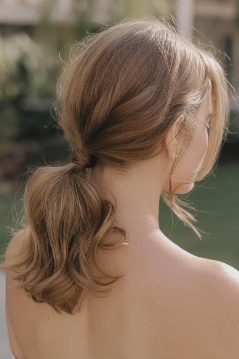 Collarbone Light Brown Ponytail With Loose Waves — Classy Ponytail with Swoop