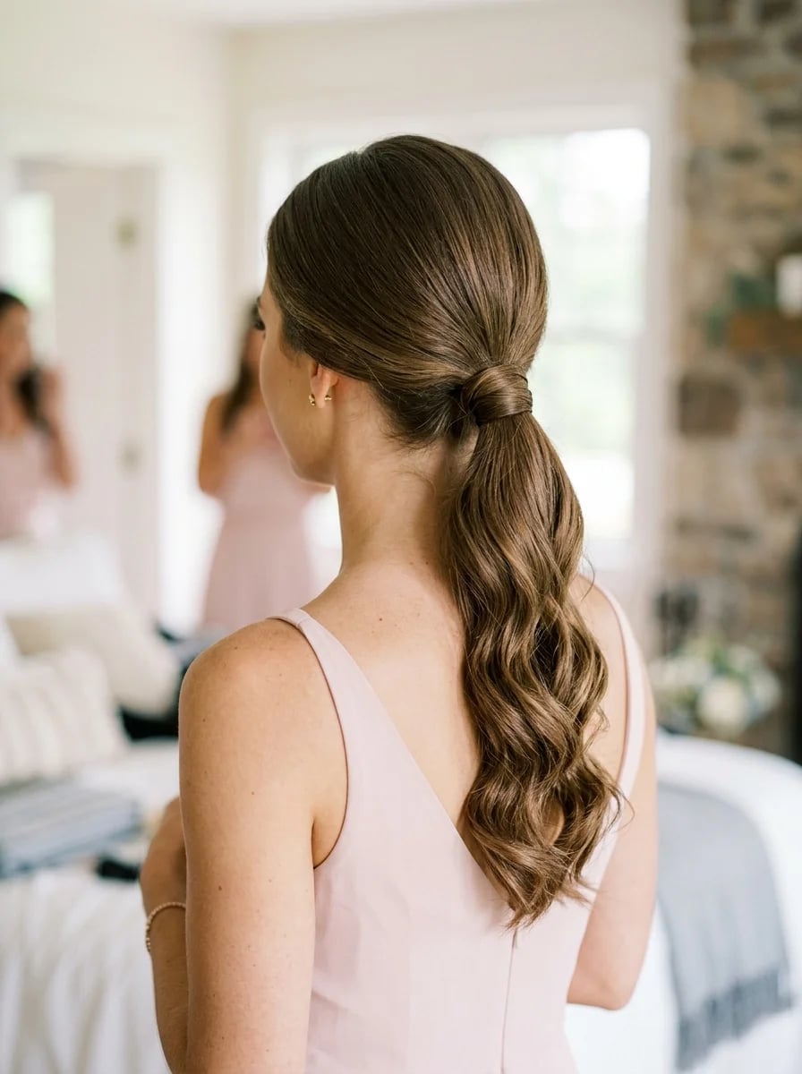 Mid-Back Brown Ponytail With Elegant Knot — Classy Ponytail with Swoop