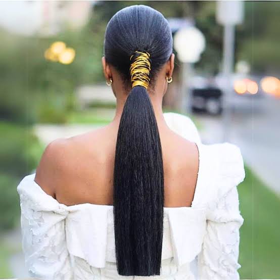 Sleek Black Ponytail With Gold Accent Wrap — Classy Ponytail with Swoop
