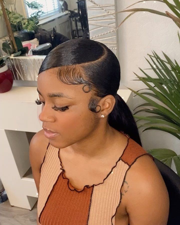 High-Shine Black Ponytail With Prominent Swoop — Classy Ponytail with Swoop