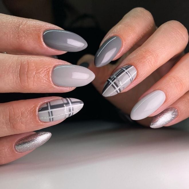 Medium Almond Grey Plaid Accent Medium Almond Grey Plaid Accent — Classy Preppy Nails