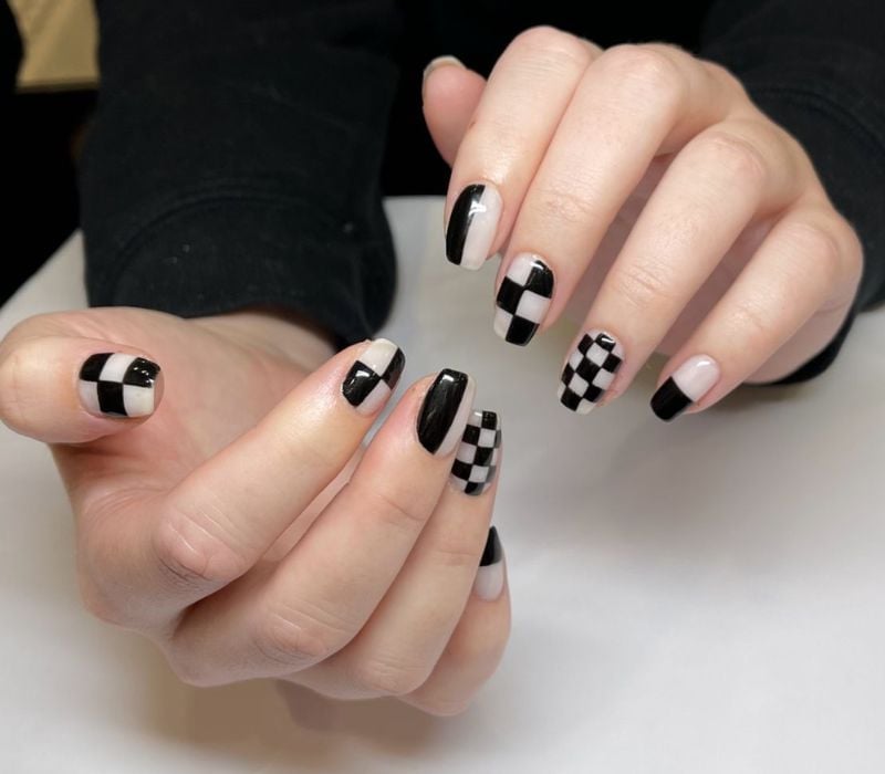 Medium Almond Glossy Checkerboard Medium Almond Glossy Checkerboard — Classy Preppy Nails