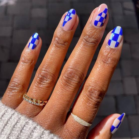 Medium Almond Blue White Checkerboard Medium Almond Blue White Checkerboard — Classy Preppy Nails