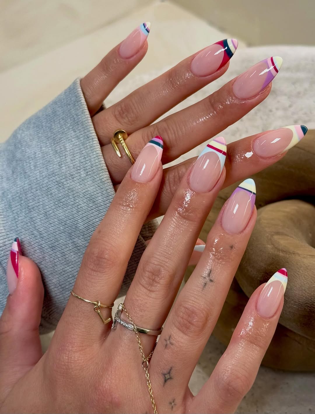 Long Almond Multi-Colored French Tips Long Almond Multi-Colored French Tips — Classy Preppy Nails