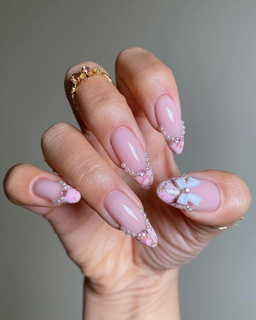 Medium Almond Pearl and Rhinestone Trim Medium Almond Pearl and Rhinestone Trim — Classy Preppy Nails