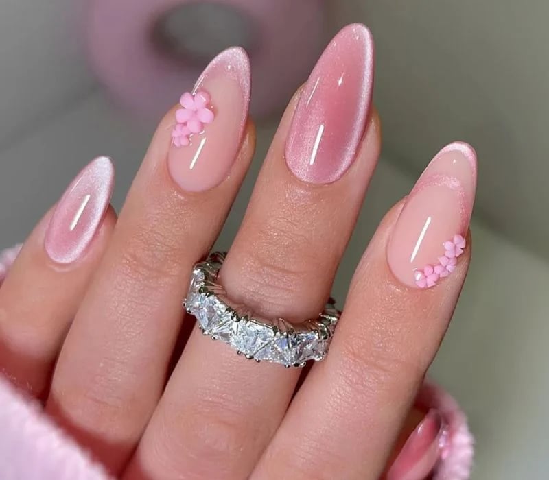 Medium Almond Cat-Eye With Flower Charms Medium Almond Cat-Eye With Flower Charms — Classy Preppy Nails