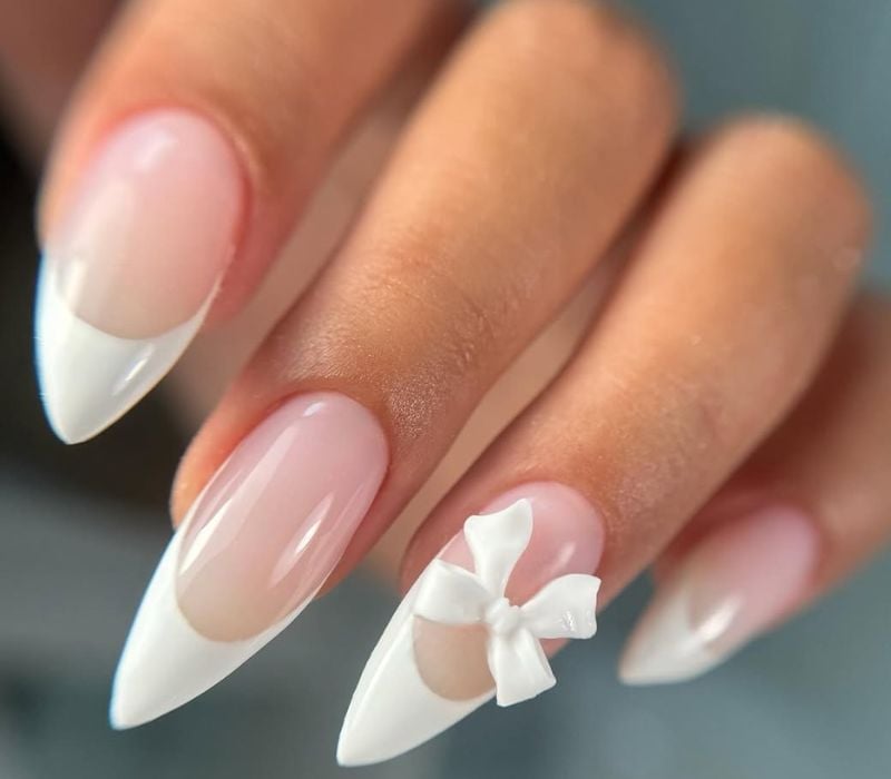 Long Stiletto French With 3D Bow Long Stiletto French With 3D Bow — Classy Preppy Nails