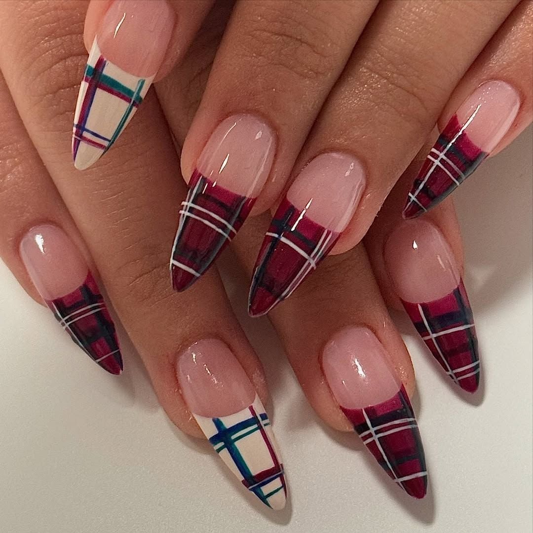 Long Stiletto Burgundy Green Plaid Long Stiletto Burgundy Green Plaid — Classy Preppy Nails