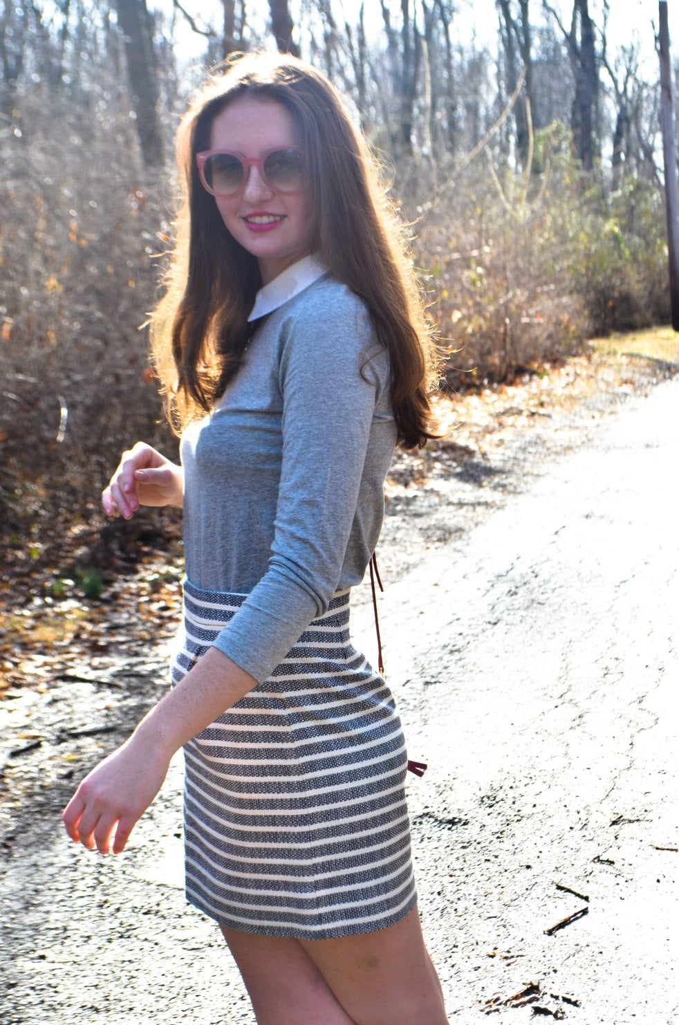 Knit Top Over Collared Shirt With Striped Mini Skirt Knit Top Over Collared Shirt With Striped Mini Skirt — Classy Preppy Outfits